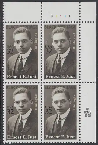 USA Michel 2691 / Scott 3058 postfrisch PLATEBLOCK ECKRAND oben rechts m/ Platten-# B1111 (b) - Schwarzamerikanisches Erbe: Ernest E. Just (1883-1941), Meeresbiologe