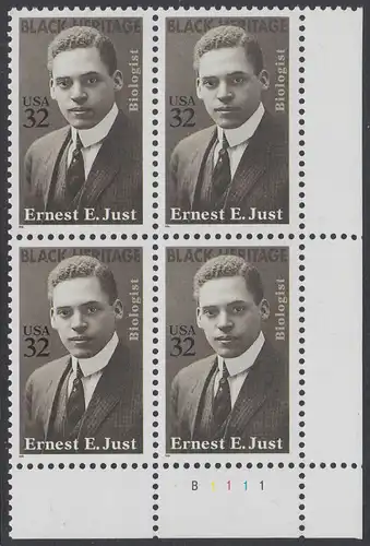 USA Michel 2691 / Scott 3058 postfrisch PLATEBLOCK ECKRAND unten rechts m/ Platten-# B1111 (b) - Schwarzamerikanisches Erbe: Ernest E. Just (1883-1941), Meeresbiologe