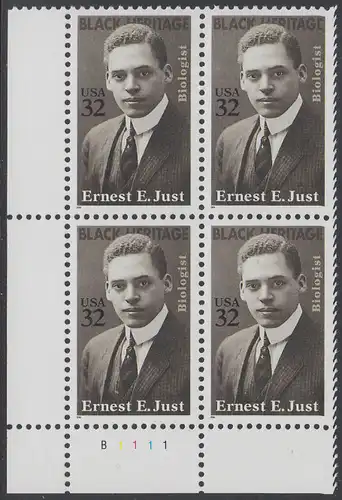 USA Michel 2691 / Scott 3058 postfrisch PLATEBLOCK ECKRAND unten links m/ Platten-# B1111 (b) - Schwarzamerikanisches Erbe: Ernest E. Just (1883-1941), Meeresbiologe