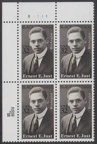 USA Michel 2691 / Scott 3058 postfrisch PLATEBLOCK ECKRAND oben links m/ Platten-# B1111 (b) - Schwarzamerikanisches Erbe: Ernest E. Just (1883-1941), Meeresbiologe