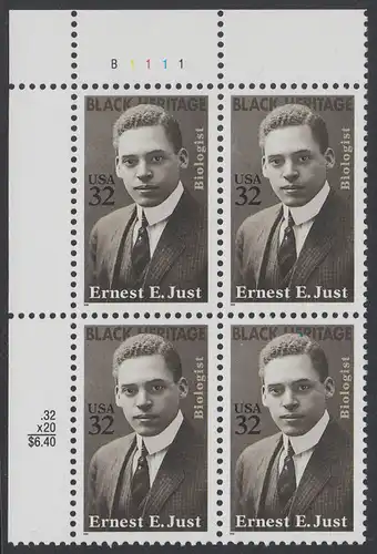 USA Michel 2691 / Scott 3058 postfrisch PLATEBLOCK ECKRAND oben links m/ Platten-# B1111 (a) - Schwarzamerikanisches Erbe: Ernest E. Just (1883-1941), Meeresbiologe