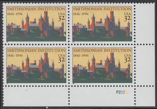 USA Michel 2693 / Scott 3059 postfrisch PLATEBLOCK ECKRAND unten rechts m/ Platten-# P2222 (b) - 150 Jahre Smithsonian Institution: Erstes Gebäude der Smithsonian Institution, Washington, DC