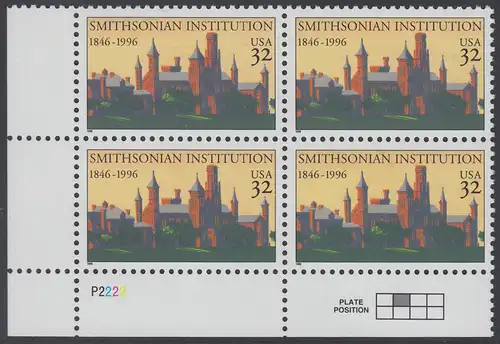 USA Michel 2693 / Scott 3059 postfrisch PLATEBLOCK ECKRAND unten linkss m/ Platten-# P2222 (b) - 150 Jahre Smithsonian Institution: Erstes Gebäude der Smithsonian Institution, Washington, DC