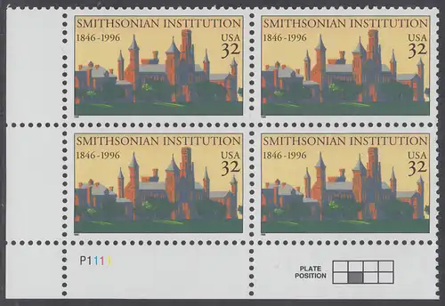 USA Michel 2693 / Scott 3059 postfrisch PLATEBLOCK ECKRAND unten links m/ Platten-# P1111 (a) - 150 Jahre Smithsonian Institution: Erstes Gebäude der Smithsonian Institution, Washington, DC