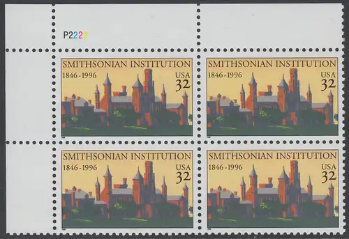 USA Michel 2693 / Scott 3059 postfrisch PLATEBLOCK ECKRAND oben links m/ Platten-# P2222 (b) - 150 Jahre Smithsonian Institution: Erstes Gebäude der Smithsonian Institution, Washington, DC