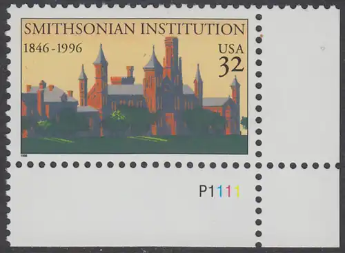 USA Michel 2693 / Scott 3059 postfrisch EINZELMARKE ECKRAND unten rechts m/ Platten-# P1111 - 150 Jahre Smithsonian Institution: Erstes Gebäude der Smithsonian Institution, Washington, DC