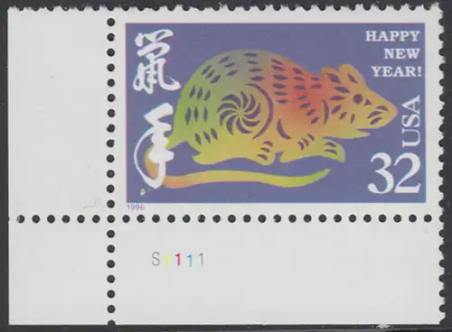 USA Michel 2694 / Scott 3060 postfrisch EINZELMARKE ECKRAND unten links m/ Platten-# S1111 - Chinesisches Neujahr: Jahr der Ratte