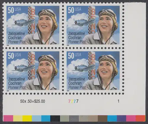 USA Michel 2700 / Scott 3066 postfrisch PLATEBLOCK ECKRAND unten rechts m/ Platten-# 7777-1 - Flugpioniere: Jacqueline Cochran (1906-1980)