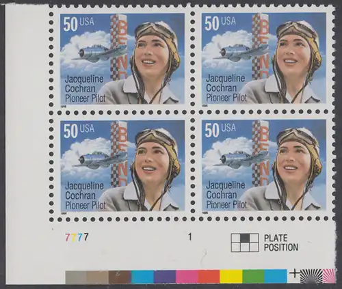USA Michel 2700 / Scott 3066 postfrisch PLATEBLOCK ECKRAND unten links m/ Platten-# 7777-1 - Flugpioniere: Jacqueline Cochran (1906-1980)