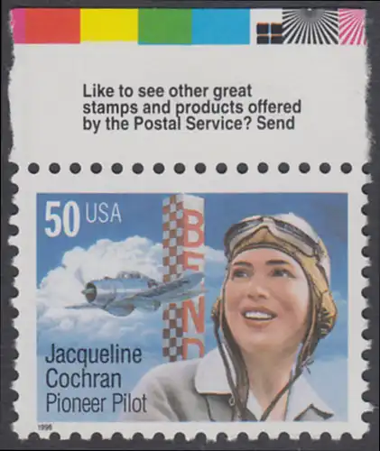 USA Michel 2700 / Scott 3066 postfrisch EINZELMARKE RAND oben (a1) - Flugpioniere: Jacqueline Cochran (1906-1980)