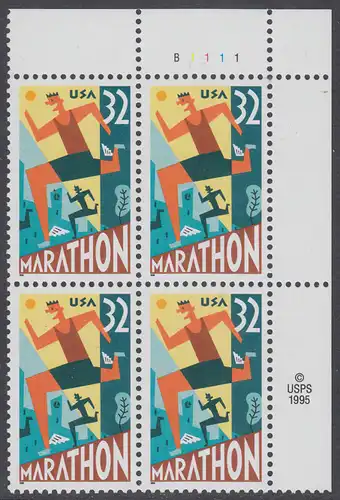 USA Michel 2703 / Scott 3067 postfrisch PLATEBLOCK ECKRAND oben rechts m/ Platten-# B1111 (b) - 100 Jahre Marathonlauf