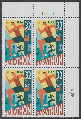USA Michel 2703 / Scott 3067 postfrisch PLATEBLOCK ECKRAND oben rechts m/ Platten-# B1111 (a) - 100 Jahre Marathonlauf