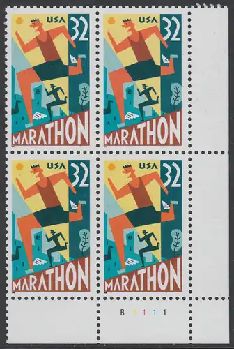 USA Michel 2703 / Scott 3067 postfrisch PLATEBLOCK ECKRAND unten rechts m/ Platten-# B1111 (a) - 100 Jahre Marathonlauf