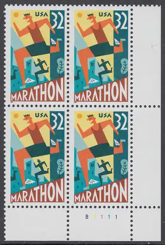 USA Michel 2703 / Scott 3067 postfrisch PLATEBLOCK ECKRAND unten rechts m/ Platten-# B1111 (b) - 100 Jahre Marathonlauf