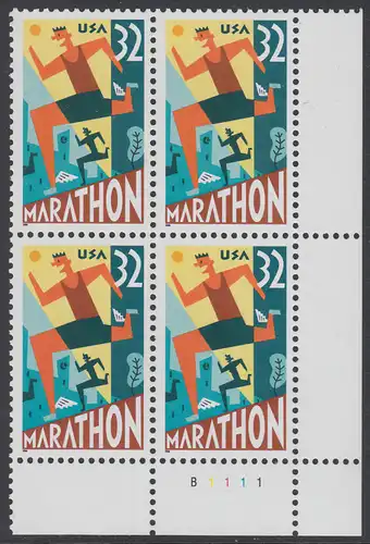 USA Michel 2703 / Scott 3067 postfrisch PLATEBLOCK ECKRAND unten rechts m/ Platten-# B1111 (c) - 100 Jahre Marathonlauf