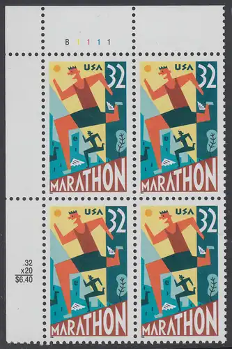 USA Michel 2703 / Scott 3067 postfrisch PLATEBLOCK ECKRAND unten links m/ Platten-# B1111 (a) - 100 Jahre Marathonlauf