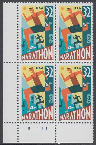 USA Michel 2703 / Scott 3067 postfrisch PLATEBLOCK ECKRAND unten links m/ Platten-# B1111 (c) - 100 Jahre Marathonlauf