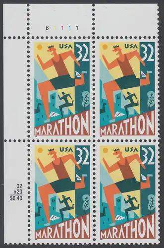 USA Michel 2703 / Scott 3067 postfrisch PLATEBLOCK ECKRAND oben links m/ Platten-# B1111 (d) - 100 Jahre Marathonlauf