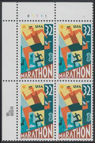 USA Michel 2703 / Scott 3067 postfrisch PLATEBLOCK ECKRAND oben links m/ Platten-# B1111 (c) - 100 Jahre Marathonlauf