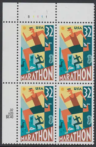 USA Michel 2703 / Scott 3067 postfrisch PLATEBLOCK ECKRAND oben links m/ Platten-# B1111 (b) - 100 Jahre Marathonlauf