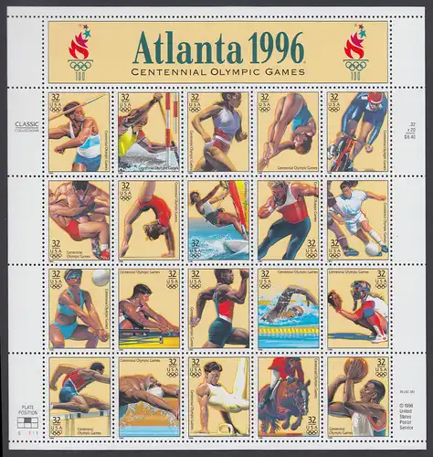 USA Michel 2705-2724 / Scott 3068 postfrisch BOGEN(20) (a2) - 100 Jahre Olympische Spiele der Neuzeit; Olympische Sommerspiele, Atlanta