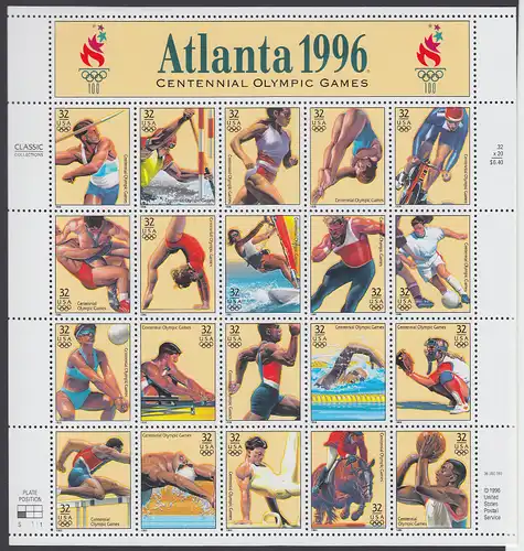 USA Michel 2705-2724 / Scott 3068 postfrisch BOGEN(20) (a4) - 100 Jahre Olympische Spiele der Neuzeit; Olympische Sommerspiele, Atlanta