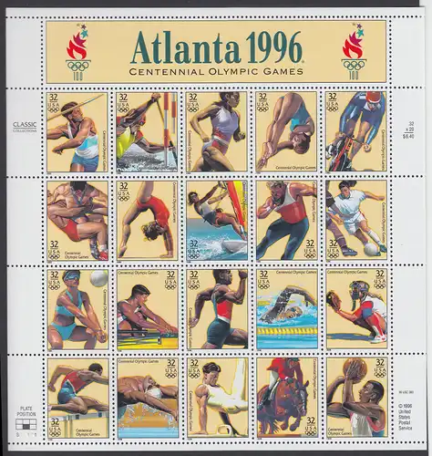 USA Michel 2705-2724 / Scott 3068 postfrisch BOGEN(20) (a5) - 100 Jahre Olympische Spiele der Neuzeit; Olympische Sommerspiele, Atlanta