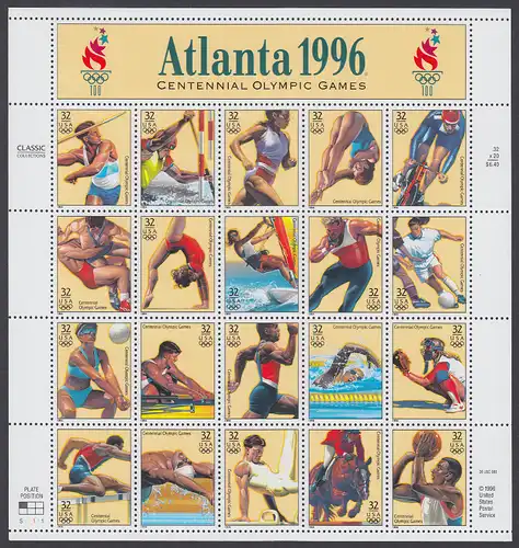 USA Michel 2705-2724 / Scott 3068 postfrisch BOGEN(20) (a1) - 100 Jahre Olympische Spiele der Neuzeit; Olympische Sommerspiele, Atlanta