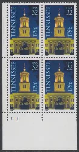 USA Michel 2728 / Scott 3070 postfrisch PLATEBLOCK ECKRAND unten links m/ Platten-# S11111 - 200 Jahre Staat Tennessee; Regierungsgebäude, Nashville, TN