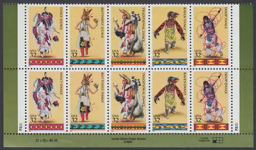 USA Michel 2730-2734 / Scott 3072-3076 postfrisch horiz.PLATEBLOCK(10) EÄNDER rechts m/ Platten-# P3333 - Indianische Tänze