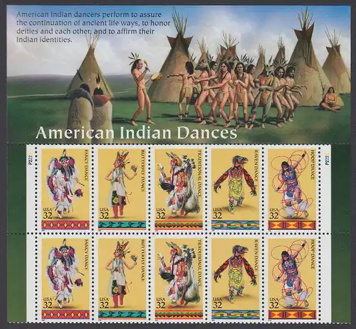 USA Michel 2730-2734 / Scott 3072-3076 postfrisch horiz.PLATEBLOCK(10) m/ Top-Label & Platten-# P2222 (a) - Indianische Tänze