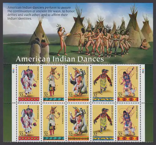 USA Michel 2730-2734 / Scott 3072-3076 postfrisch horiz.PLATEBLOCK(10) m/ Top-Label & Platten-# P3333 (b) - Indianische Tänze