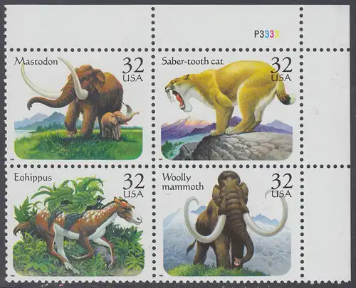 USA Michel 2735-2738 / Scott 3080 postfrisch PLATEBLOCK ECKRAND oben rechts m/ Platten-# P3333 (a) - Prähistorische Tiere