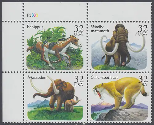 USA Michel 2735-2738 / Scott 3080 postfrisch PLATEBLOCK ECKRAND oben links m/ Platten-# P3333 (c) - Prähistorische Tiere