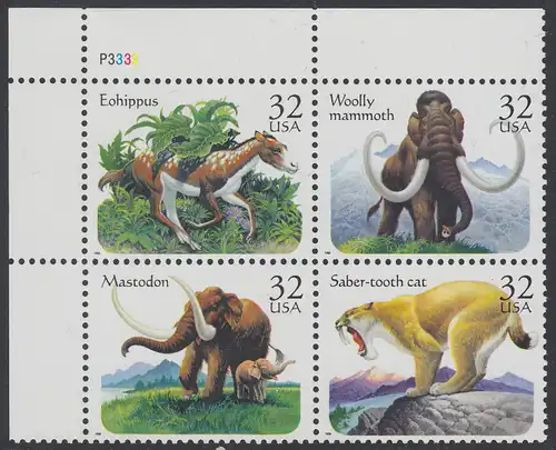 USA Michel 2735-2738 / Scott 3080 postfrisch PLATEBLOCK ECKRAND oben links m/ Platten-# P3333 (b) - Prähistorische Tiere