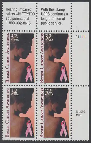 USA Michel 2739 / Scott 3081 postfrisch PLATEBLOCK ECKRAND oben rechts m/ Platten-# P2222 (b) - Gesundheitsvorsorge gegen Brustkrebs