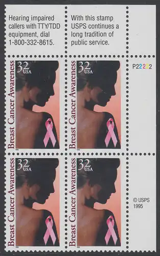 USA Michel 2739 / Scott 3081 postfrisch PLATEBLOCK ECKRAND oben rechts m/ Platten-# P11111 (a) - Gesundheitsvorsorge gegen Brustkrebs