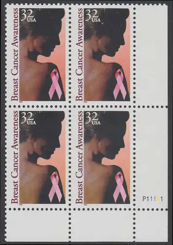 USA Michel 2739 / Scott 3081 postfrisch PLATEBLOCK ECKRAND unten rechts m/ Platten-# P22222 (b) - Gesundheitsvorsorge gegen Brustkrebs
