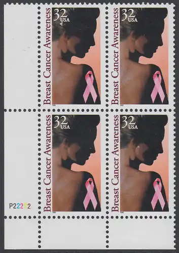 USA Michel 2739 / Scott 3081 postfrisch PLATEBLOCK ECKRAND unten links m/ Platten-# P11111 (a) - Gesundheitsvorsorge gegen Brustkrebs