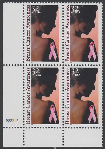 USA Michel 2739 / Scott 3081 postfrisch PLATEBLOCK ECKRAND unten links m/ Platten-# P22222 (c) - Gesundheitsvorsorge gegen Brustkrebs