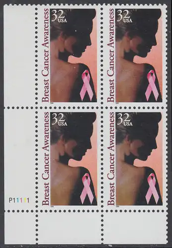 USA Michel 2739 / Scott 3081 postfrisch PLATEBLOCK ECKRAND unten links m/ Platten-# P22222 (b) - Gesundheitsvorsorge gegen Brustkrebs