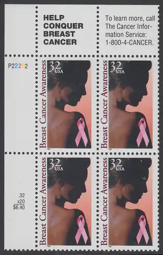 USA Michel 2739 / Scott 3081 postfrisch PLATEBLOCK ECKRAND oben links m/ Platten-# 22222 (c) - Gesundheitsvorsorge gegen Brustkrebs