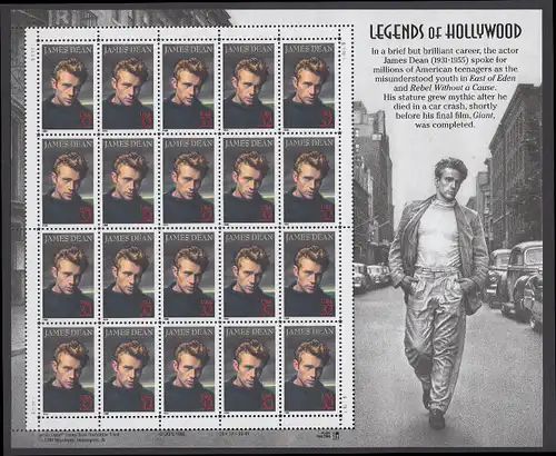 USA Michel 2745 / Scott 3082 postfrisch BOGEN(20) - Hollywood-Legenden: James Dean (1931-1955), Filmschauspieler