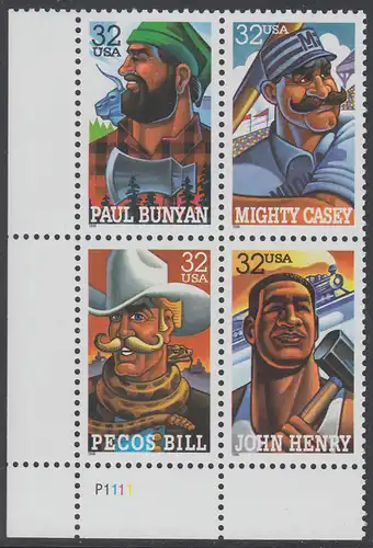 USA Michel 2746-2749 / Scott 3083-3086 postfrisch PLATEBLOCK ECKRAND unten links m/ Platten-# P1111 (a) - Volkstümliche Heldenfiguren