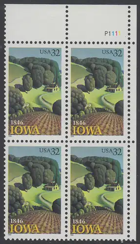 USA Michel 2751 / Scott 3088 postfrisch PLATEBLOCK ECKRAND oben rechts m/ Platten-# P1111 - 150 Jahre Staat lowa; Landschaft in Iowa