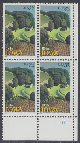 USA Michel 2751 / Scott 3088 postfrisch PLATEBLOCK ECKRAND unten rechts m/ Platten-# P1111 - 150 Jahre Staat lowa; Landschaft in Iowa
