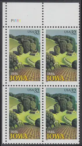 USA Michel 2751 / Scott 3088 postfrisch PLATEBLOCK ECKRAND oben links m/ Platten-# P1111 - 150 Jahre Staat lowa; Landschaft in Iowa