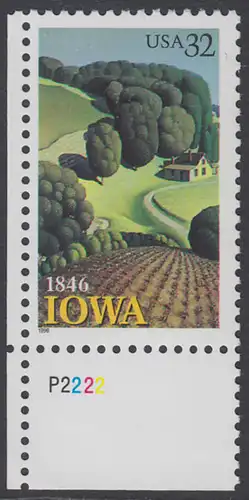 USA Michel 2751 / Scott 3088 postfrisch EINZELMARKE ECKRAND unten links m/ Platten-# P2222 - 150 Jahre Staat lowa; Landschaft in Iowa