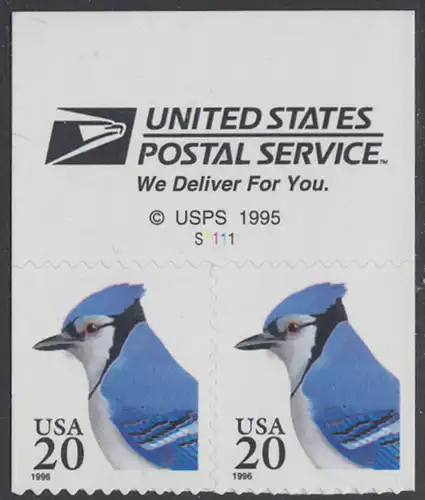 USA Michel 2753 / Scott 3048 postfrisch horiz.PAAR RÄNDER oben m/ Platten-# S1111 - Tiere: Blauhäher