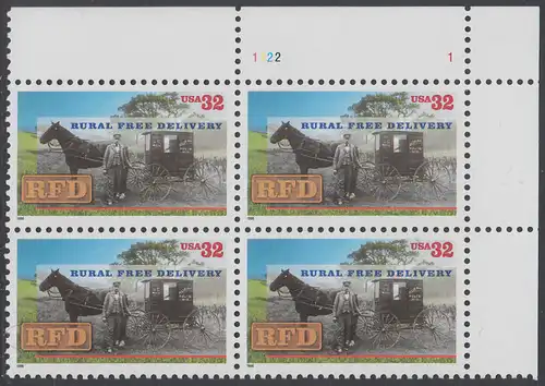 USA Michel 2754 / Scott 3090 postfrisch PLATEBLOCK ECKRAND oben rechts m/ Platten-# 1111-1 (b) - 100. Jahrestag der Abschaffung der Zusatzgebühr für Landpostzustellung: Landzusteller vor Postwagen (um 1900)